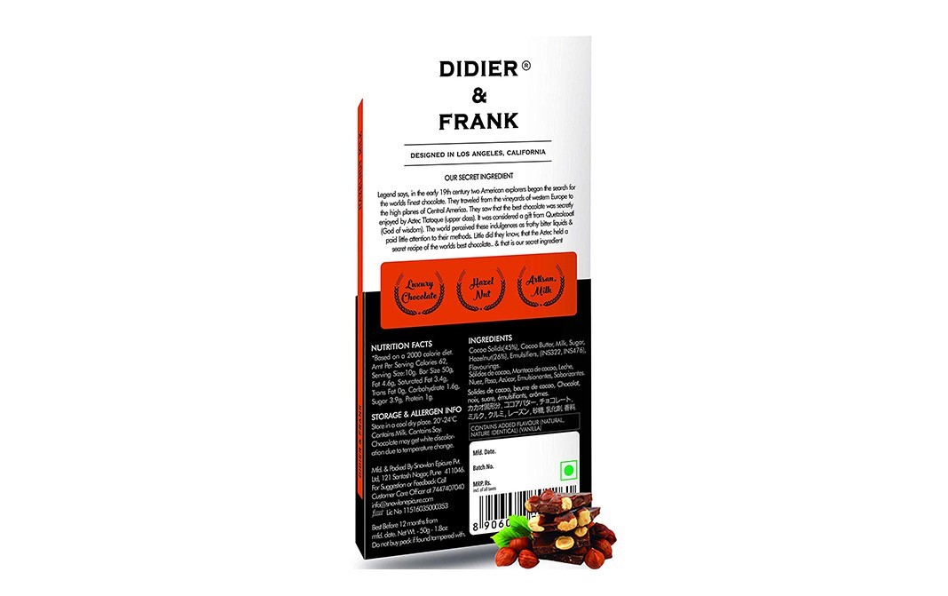 Didier & Frank Crunchy Hazelnut Milk Chocolate    Box  50 grams
